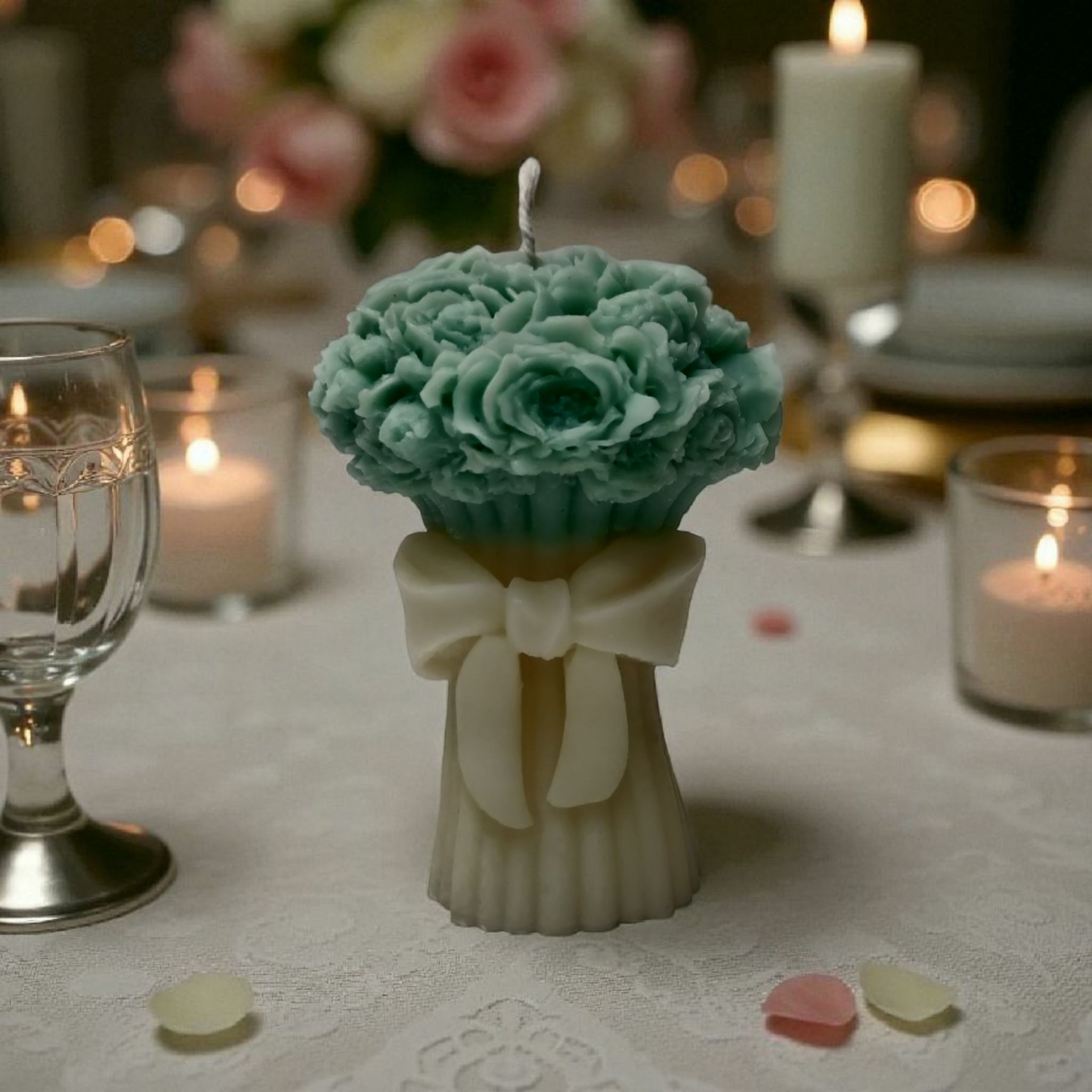 Flower Bouquet Candle with Bow Base