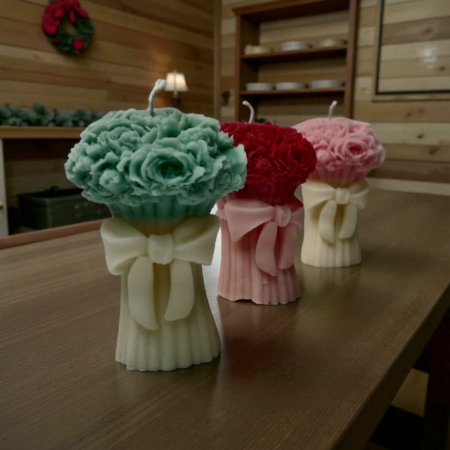 Flower Bouquet Candle with Bow Base